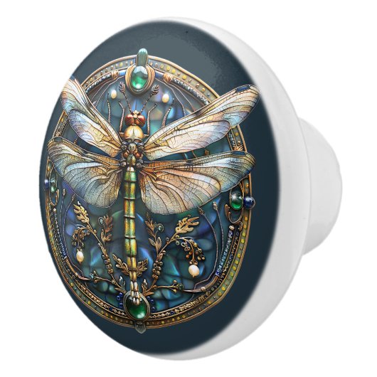 Art Deco Dragonfly Parels Smaragden Goud Turquoise Keramische Knop (Rechts)