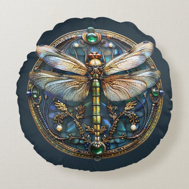 Art Deco Dragonfly Parels Smaragden Goud Turquoise Rond Kussen (Voorkant)
