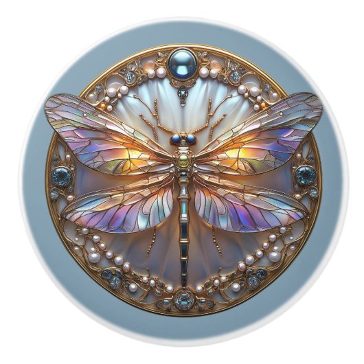 Art Deco Dragonfly Rainbow WIngs Gems Pearls Keramische Knop (Voorkant)