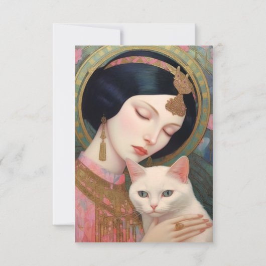  Art Deco Dreamy Design Vrouw en Kat Bedankkaart (Achterkant)