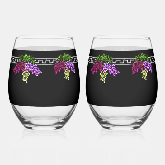 Art Deco Druiven - Zwart, Zilver, Violet Monogram Wijnglas Zonder Voet (Achterkant)