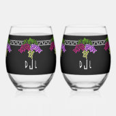 Art Deco Druiven - Zwart, Zilver, Violet Monogram Wijnglas Zonder Voet (Voorkant)