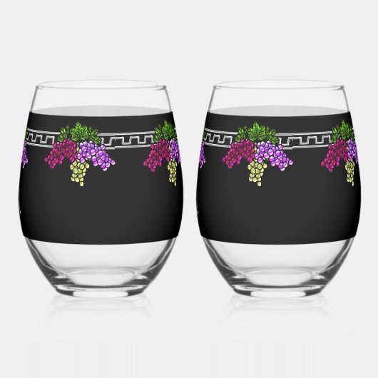 Art Deco Druiven - Zwart, Zilver, Violet Monogram Wijnglas Zonder Voet (Links)