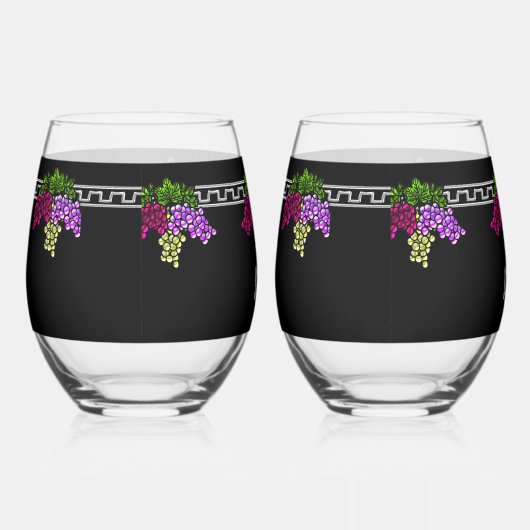 Art Deco Druiven - Zwart, Zilver, Violet Monogram Wijnglas Zonder Voet (Rechts)