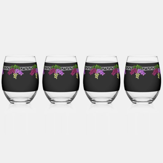 Art Deco Druiven - Zwart, Zilver, Violet Monogram Wijnglas Zonder Voet (Links)