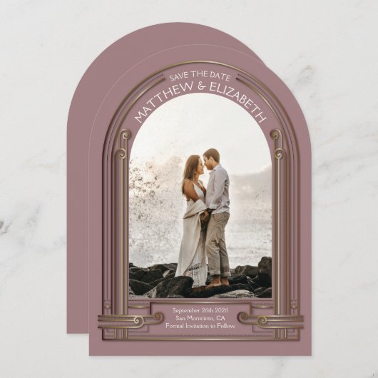 Art Deco Dusty Rose Bronze Arch Save the Date Kaart (Voorkant / Achterkant)