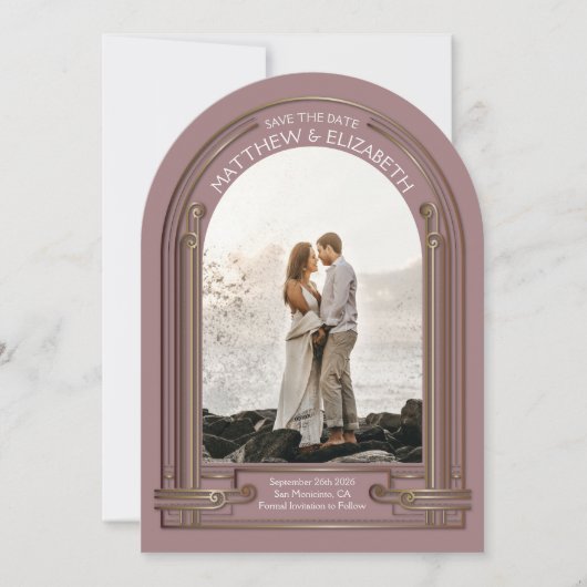 Art Deco Dusty Rose Bronze Arch Save the Date Kaart (Voorkant)
