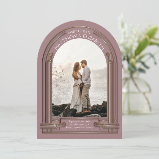 Art Deco Dusty Rose Bronze Arch Save the Date Kaart (Staand voorkant)