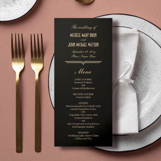 Art Deco Eenvoudig Elegant Zwart Goud Bruiloft Menu