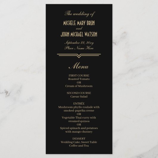 Art Deco Eenvoudig Elegant Zwart Goud Bruiloft Menu (Voorkant)