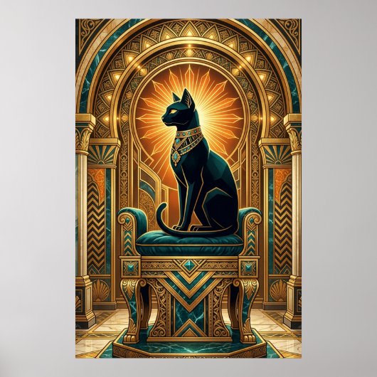 Art Deco Egyptian Throne Cat Wall Art Poster (Voorkant)