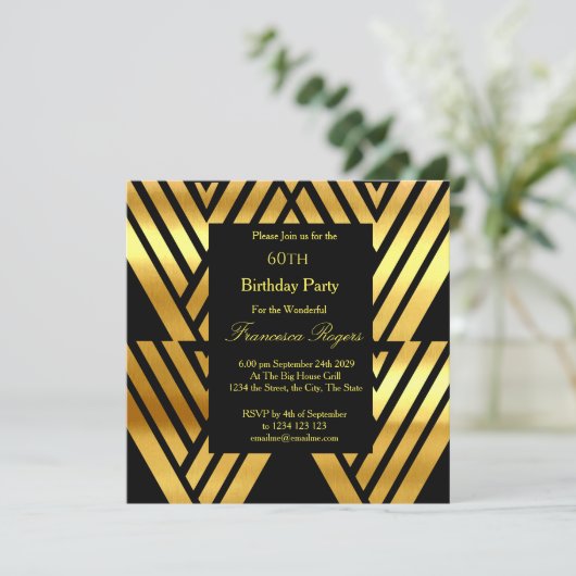 ART DECO Elegant 60e verjaardag Gold Black in Kaart (Staand voorkant)