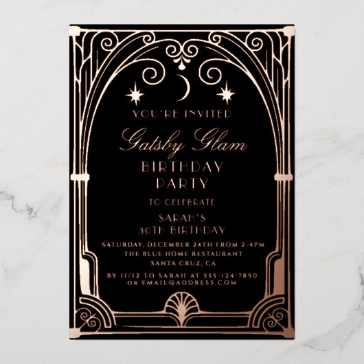 Art Deco Elegant Black Gold 20s Classic Birthday Folie Uitnodiging (Voorkant)