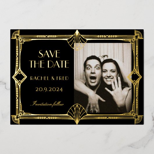 Art Deco Elegant Black Gold 20s save the date Folie Uitnodiging (Voorkant)