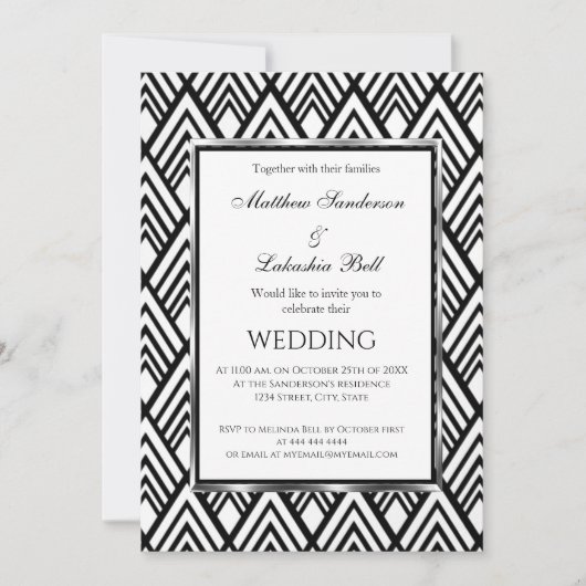 Art Deco Elegant Black White Geometrical Wedding Kaart (Voorkant)