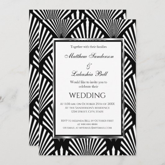 Art Deco Elegant Black White Modern Wedding Kaart (Voorkant / Achterkant)