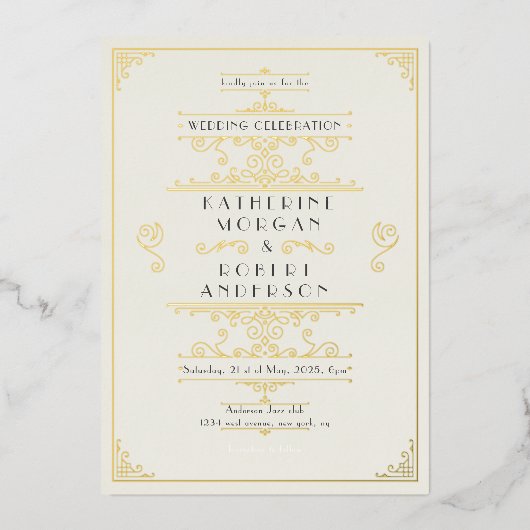 Art Deco Elegant Bruiloft Folie Uitnodiging (Voorkant)