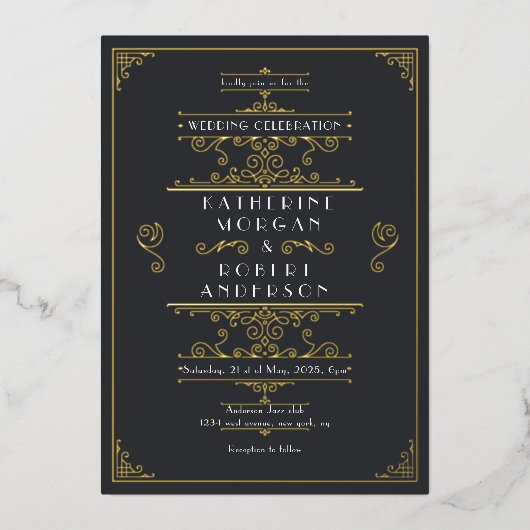 Art Deco Elegant Bruiloft Folie Uitnodiging (Voorkant)