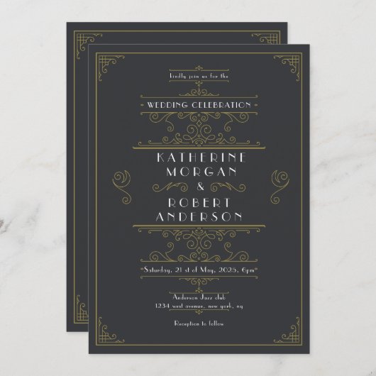  Art Deco Elegant Bruiloft Kaart (Voorkant / Achterkant)