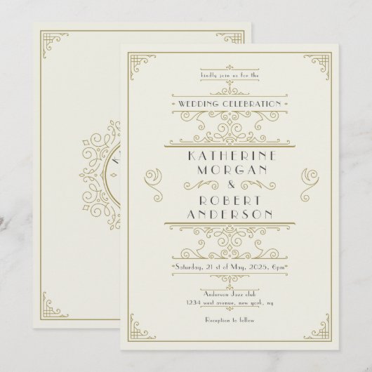 Art Deco Elegant Bruiloft Kaart (Voorkant / Achterkant)