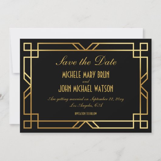 Art Deco Elegant Classic Gold Save the Date Black Kaart (Voorkant)