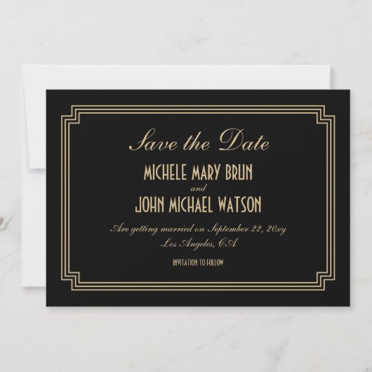 Art Deco Elegant Classic Zwart Goud Save the Date (Voorkant)