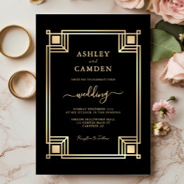 Art Deco Elegant Gold Frame Black Wedding Kaart
