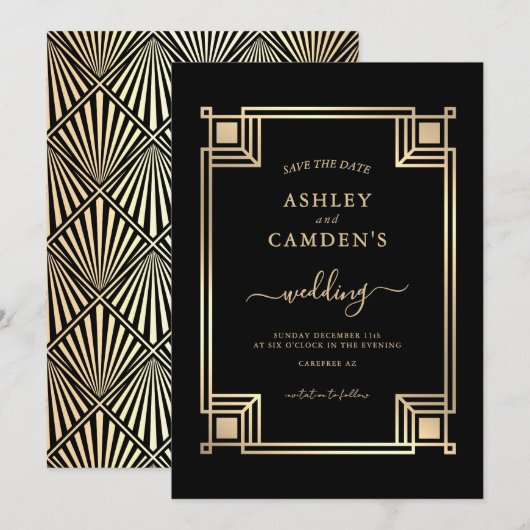 Art Deco Elegant Gold Frame Wedding Save The Date (Voorkant / Achterkant)