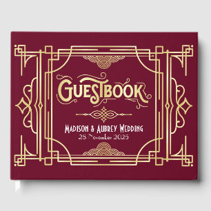 Art Deco Elegant Goud Bourgondië Gatsby Bruiloft Gastenboek