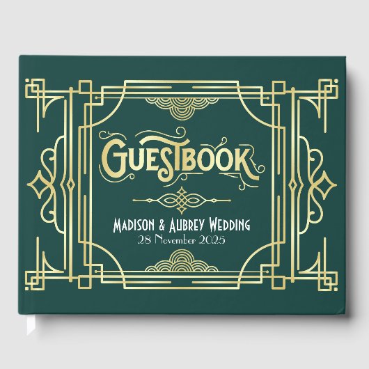 Art Deco Elegant Gouden Groene Gatsby jaren '20 Br Gastenboek (Voorkant)