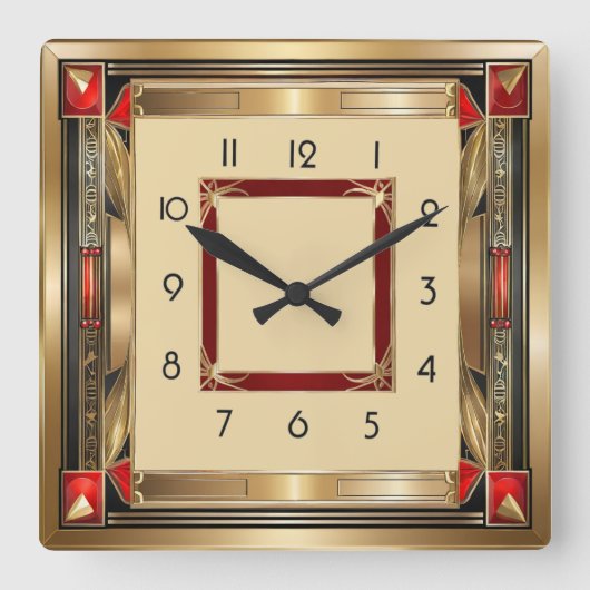 Art Deco elegant rood en goud Vierkante Klok (Voorkant)