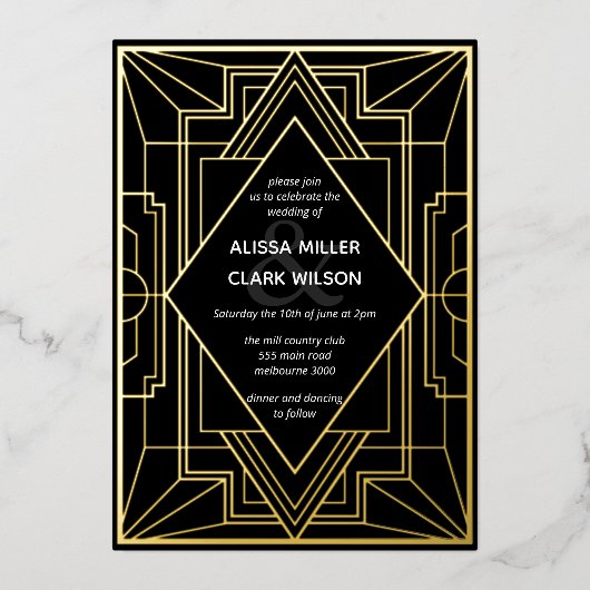 Art Deco Elegant Wedding Gold Folie Uitnodiging (Voorkant)