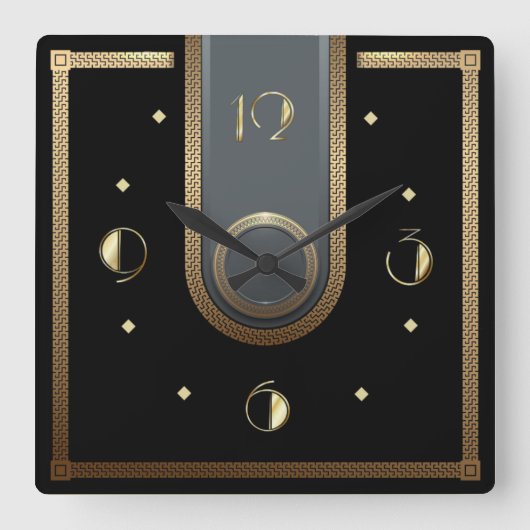 Art Deco-elegant zwart en goud Vierkante Klok (Voorkant)