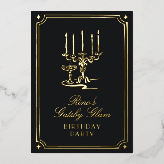 Art Deco Elegant Zwart Goud 20s Klassieke Bruiloft Folie Uitnodiging (Voorkant)