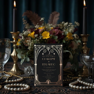 Art Deco Elegant Zwart Goud 20s Klassieke Bruiloft Folie Uitnodiging