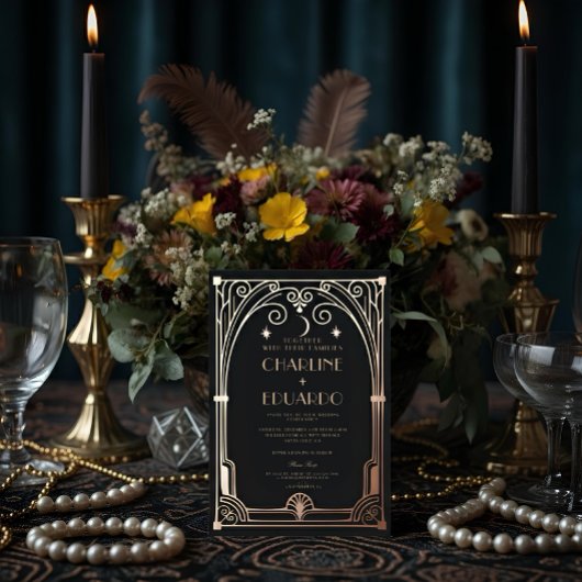 Art Deco Elegant Zwart Goud 20s Klassieke Bruiloft Folie Uitnodiging