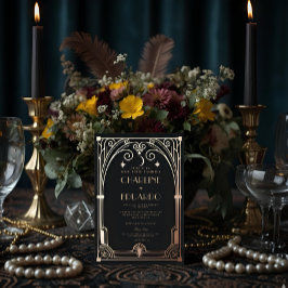 Art Deco Elegant Zwart Goud 20s Klassieke Bruiloft Folie Uitnodiging