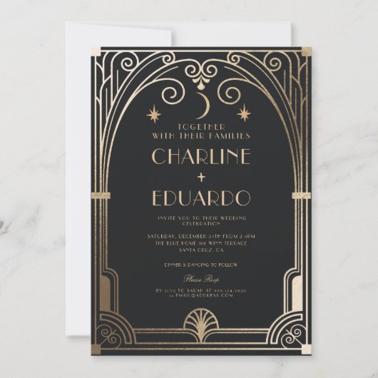 Art Deco Elegant Zwart Goud 20s Klassieke Bruiloft Kaart (Voorkant)