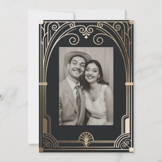 Art Deco Elegant Zwart Goud 20s Klassieke Bruiloft Kaart (Achterkant)