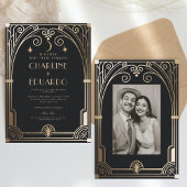 Art Deco Elegant Zwart Goud 20s Klassieke Bruiloft Kaart