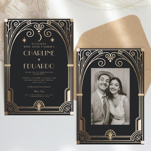 Art Deco Elegant Zwart Goud 20s Klassieke Bruiloft Kaart