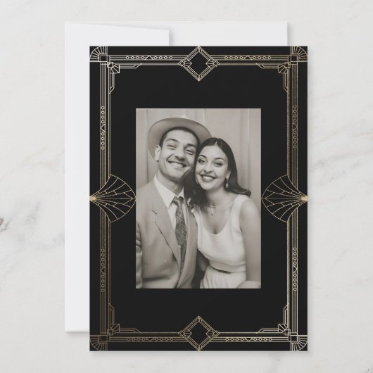 Art Deco Elegant Zwart Goud 20s Klassieke Bruiloft Kaart (Achterkant)