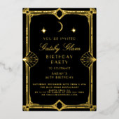 Art Deco Elegant Zwart Goud 20s Klassieke Verjaard Folie Uitnodiging (Voorkant)