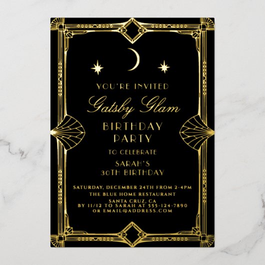 Art Deco Elegant Zwart Goud 20s Klassieke Verjaard Folie Uitnodiging (Voorkant)
