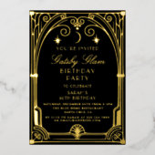 Art Deco Elegant Zwart Goud 20s Klassieke Verjaard Folie Uitnodiging (Voorkant)
