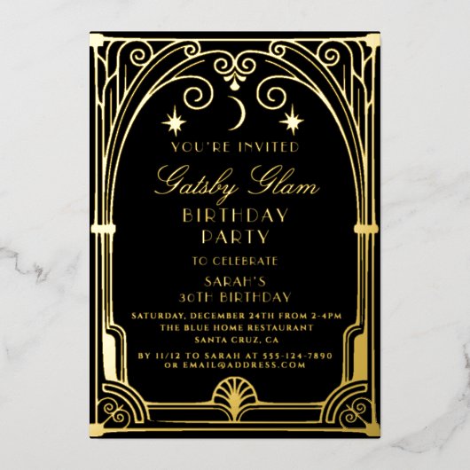 Art Deco Elegant Zwart Goud 20s Klassieke Verjaard Folie Uitnodiging (Voorkant)