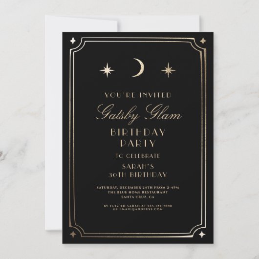 Art Deco Elegant Zwart Goud 20s Klassieke Verjaard Kaart (Voorkant)