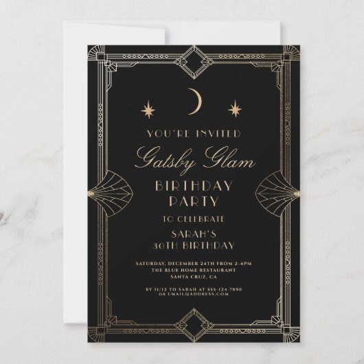 Art Deco Elegant Zwart Goud 20s Klassieke Verjaard Kaart (Voorkant)