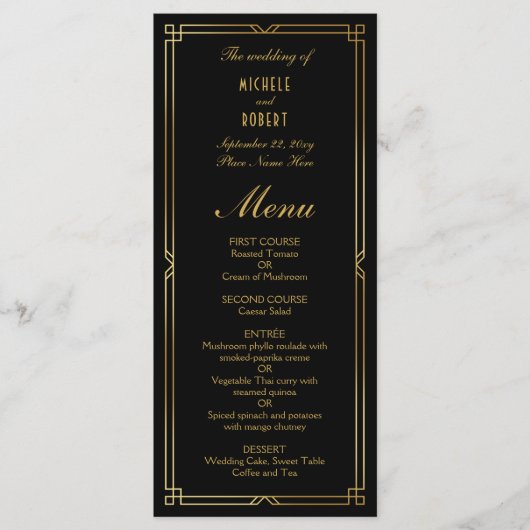 Art Deco Elegant Zwart Goud Lijst Bruiloft Menu (Voorkant)