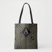 Art Deco Elegant Zwart Goud Monogram Tote Bag (Voorkant)